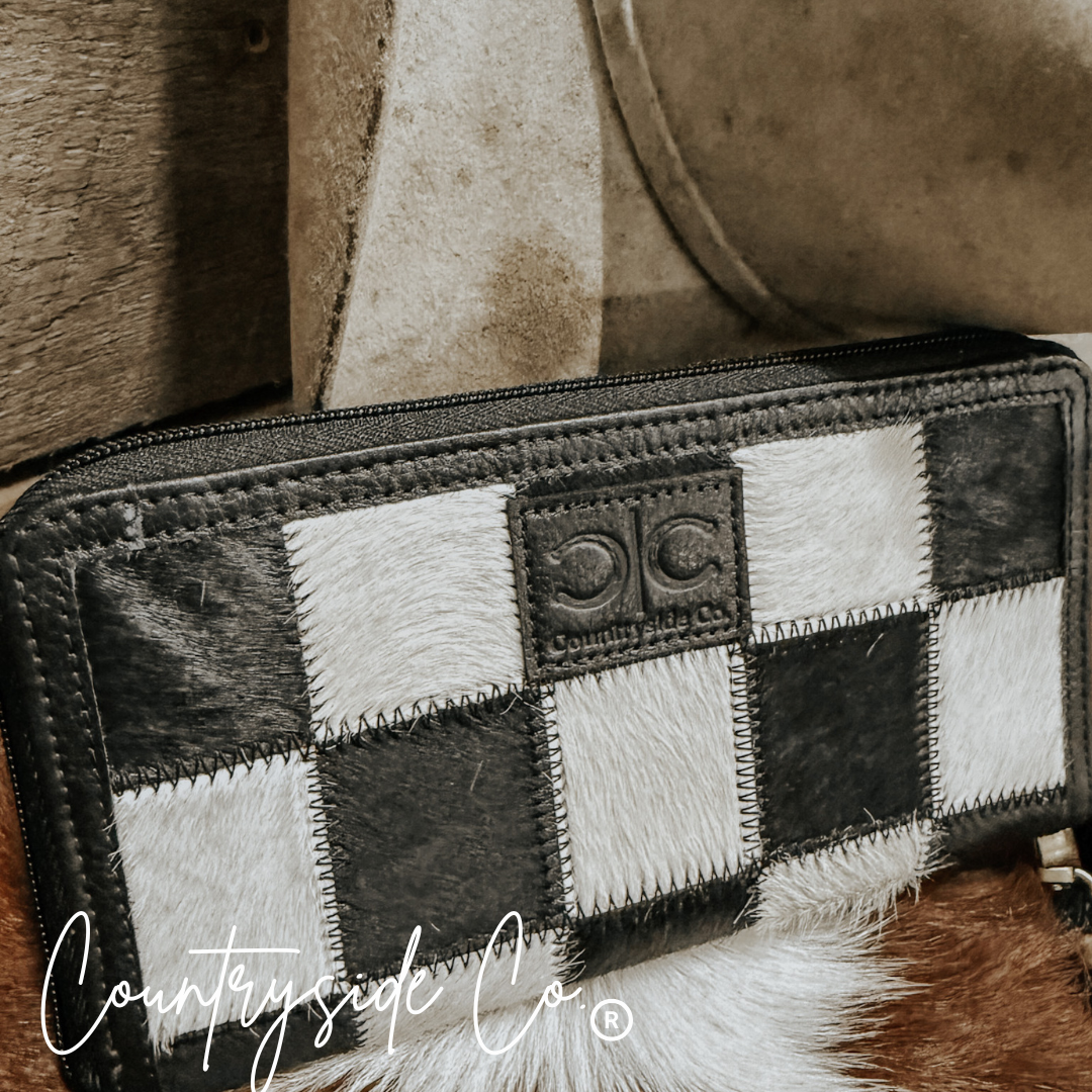 Checkered Cowhide Womens Wallet Wristlet Trendy: Black Or Brown Texas Western Cowhide
