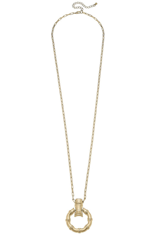 Pippa Bamboo Horsebit Pendant Necklace in Shiny Gold Canvas