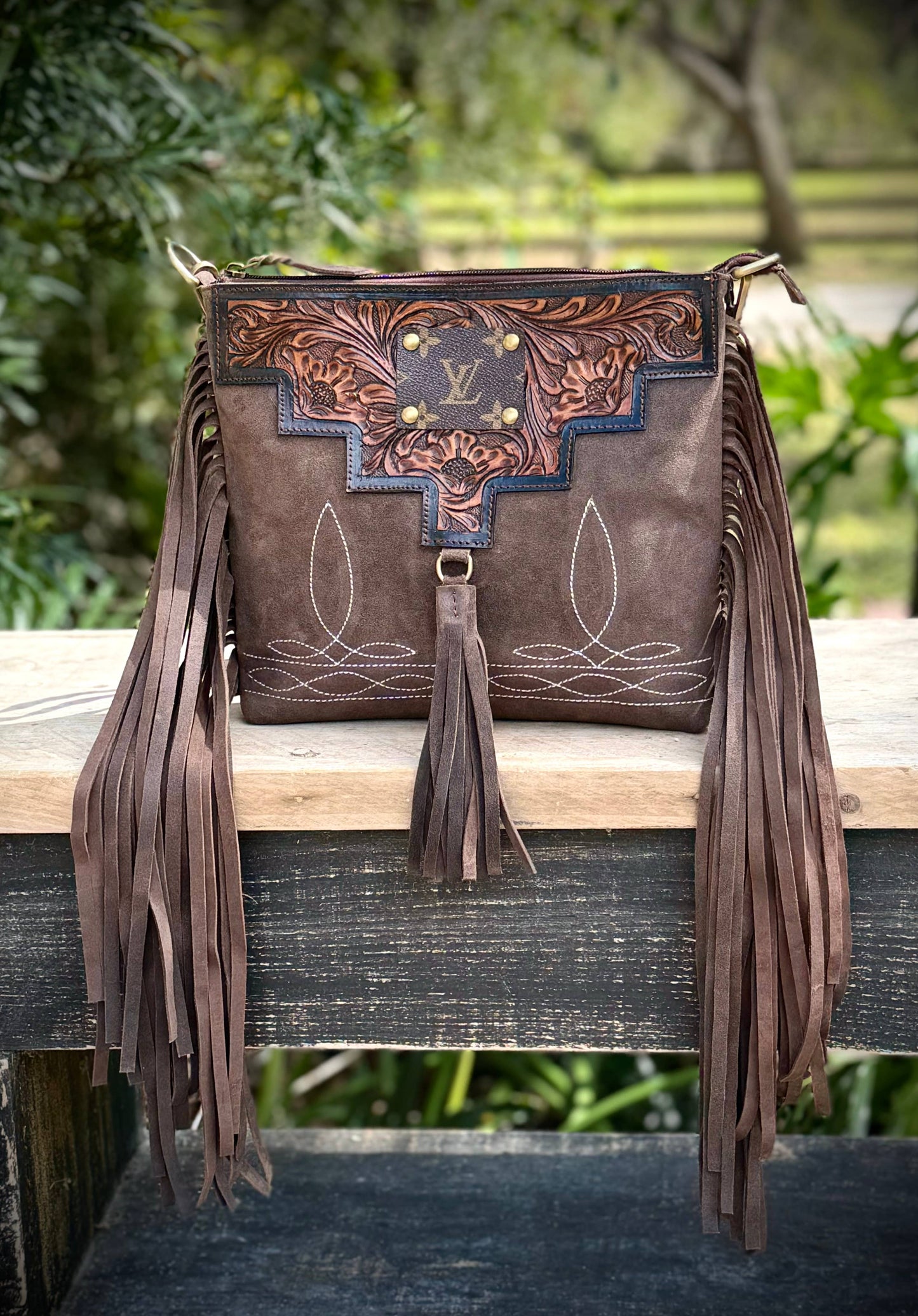 Upcycled LV Leather Suede Boot Stitch Fringe Crossbody Bag Southern Junkie