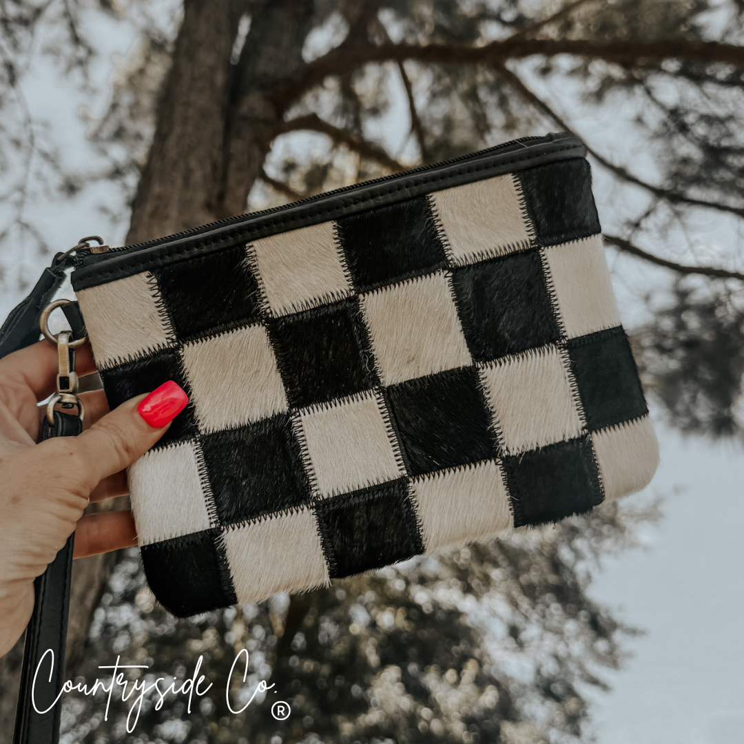 Stockyard Checkered Leather Cowhide Wristlet Pouch Texas Western Cowhide
