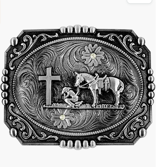 Antique Silver Praying Cowboy with Rhinestones Belt Buckle Antique Silver