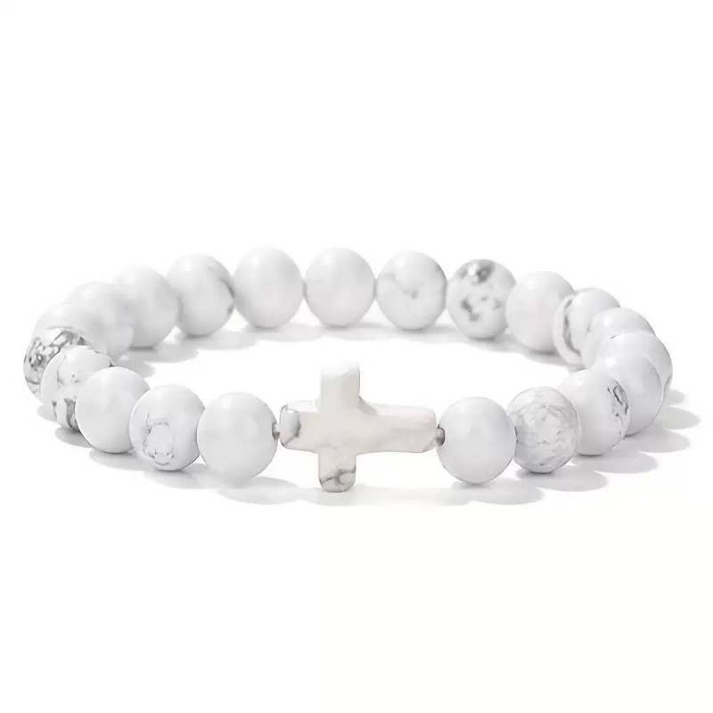 Boho Natural Stone Cross Charm Beaded Bracelet | 40B5248: Jade