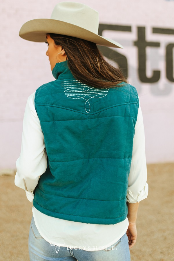 Teal Puffer W Aztec Lining Boot Stitch Detail Vest: M