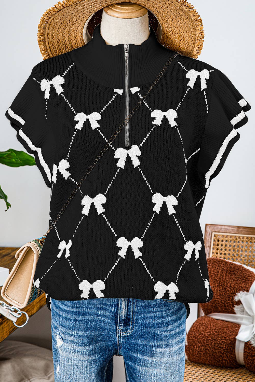 Fashion-W Preppy Vibes Bow Print Zipped Collar Sweater Tee: Black with White Bow Fashionw