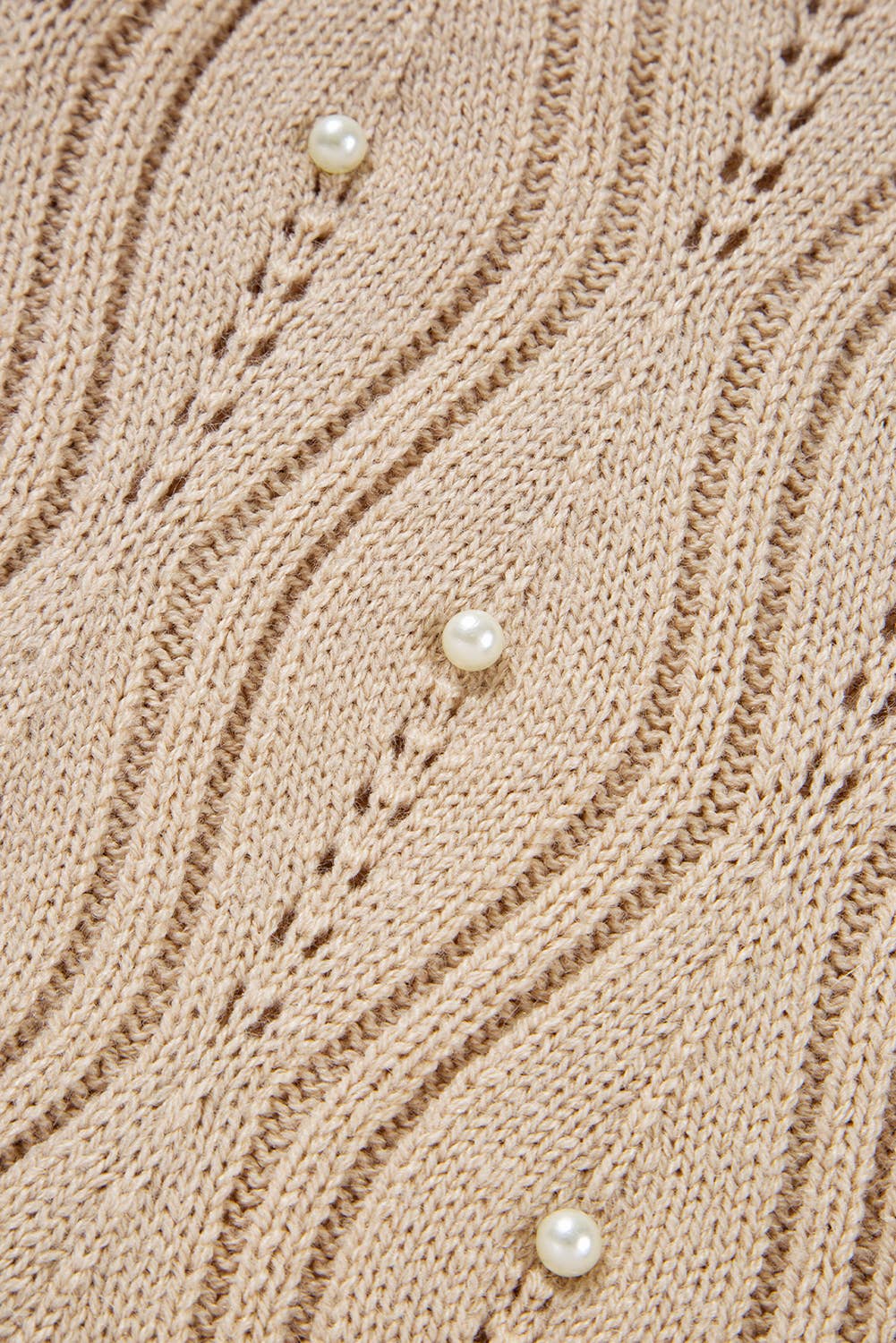 Pearl Beaded Pointelle V Neck Lace Sleeve Sweater (S-XL): Beige 66