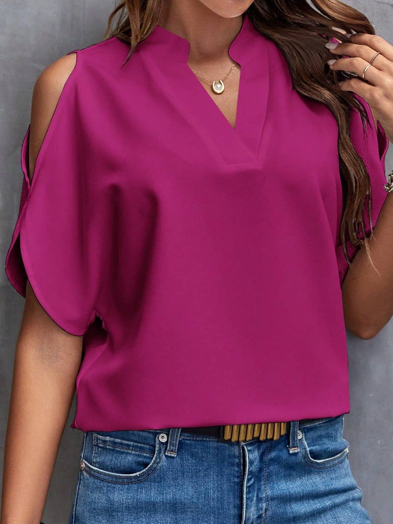 V-NECK STYLISH SLEEVED WOMEN'S BLOUSE: RED Lily Clothing