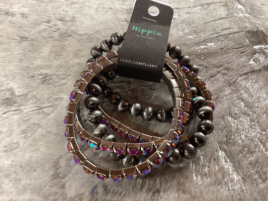 Pink stone stretchy bracelet w/grey stretchy bracelets