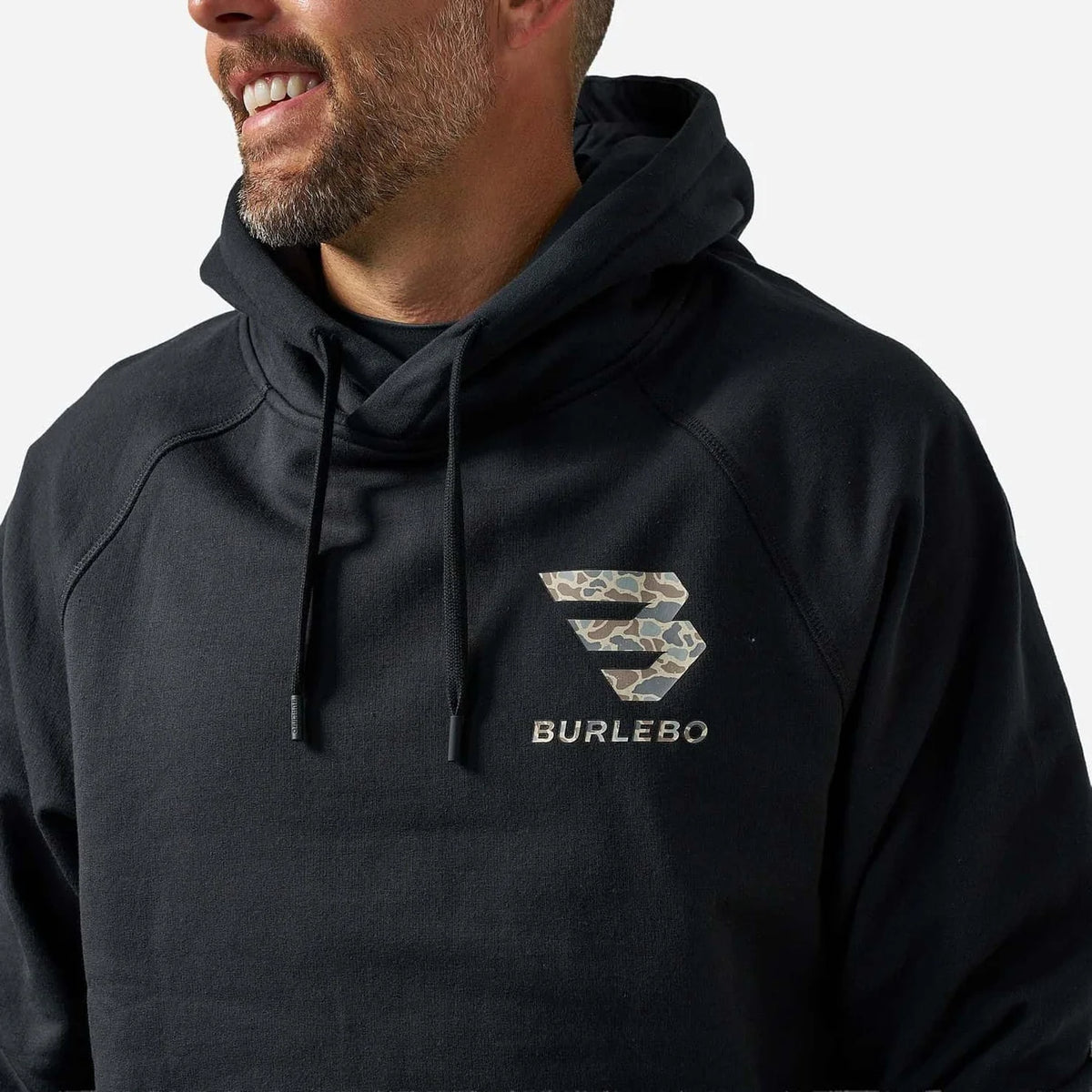 Flying B Fleece Burlebo Hoodie Black with Classic Deer Camo Logo TX FH-FBL-BLK