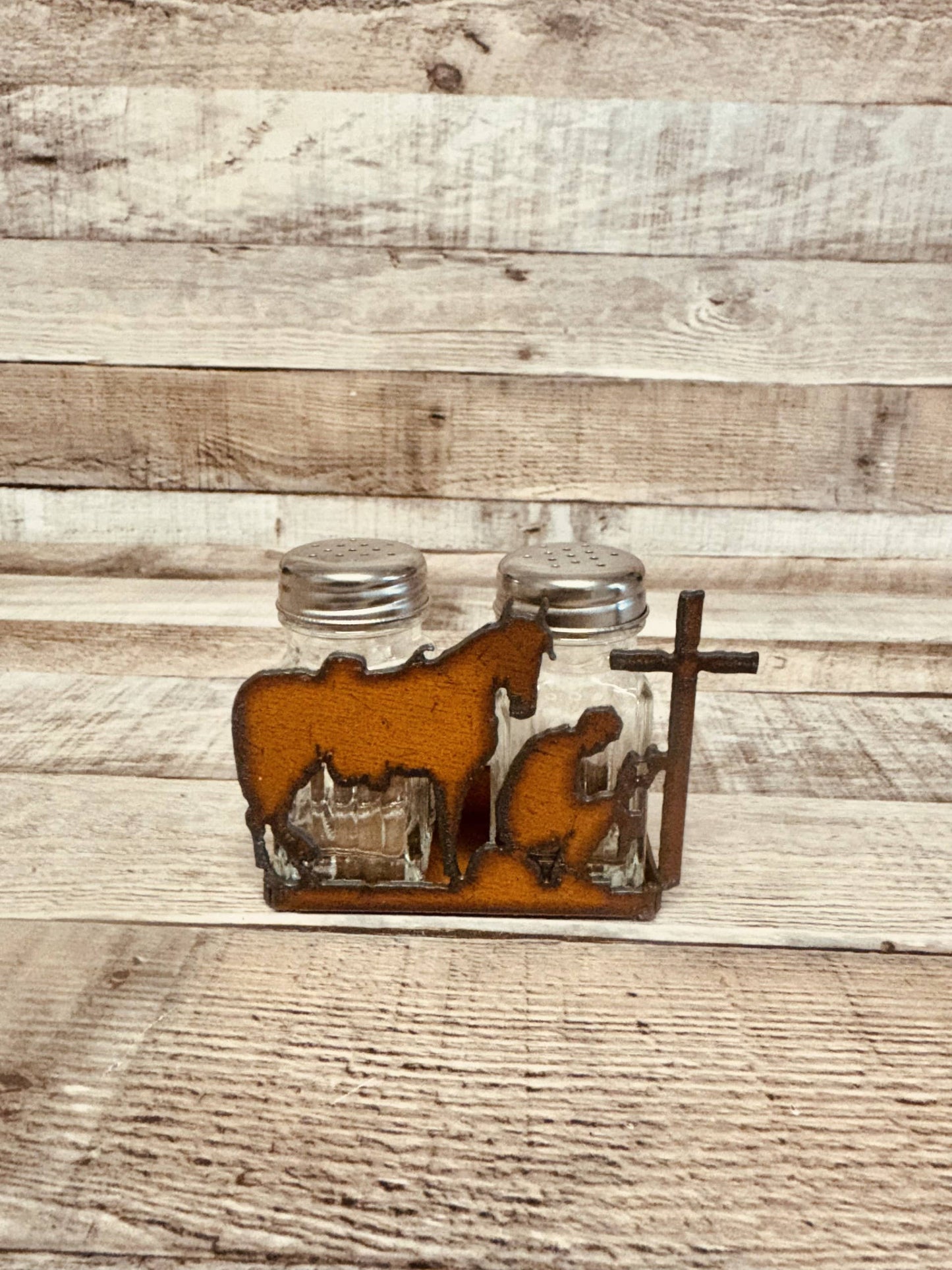 Cowboy at Cross Rustic Metal Salt n Pepper Shaker Cowboy Ironwork
