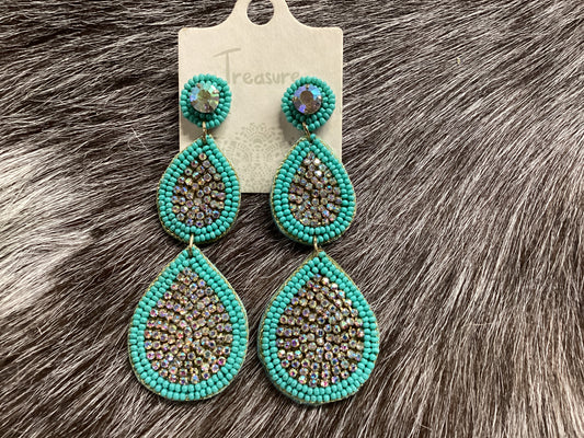 Turquoise/Rhinestone seed bead earrings