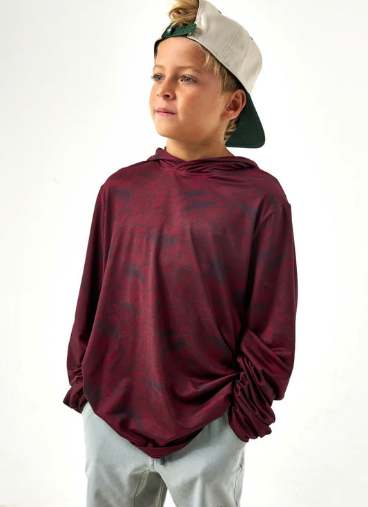 Texas Maroon Camo Youth Performance Hoodie UPF 50 Sun Protection Burlebo