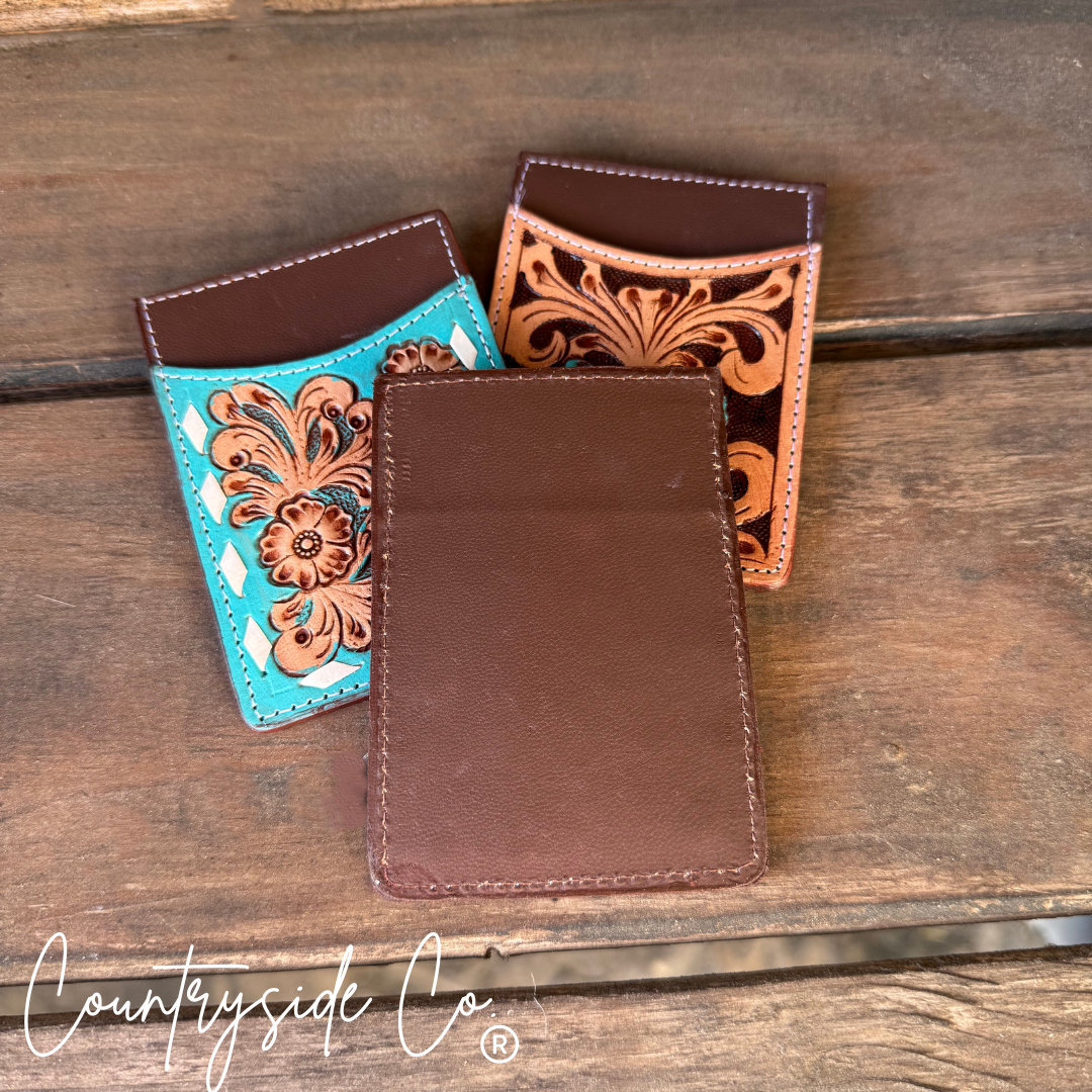 Tooled Leather Credit Card Holder: Brown Countryside