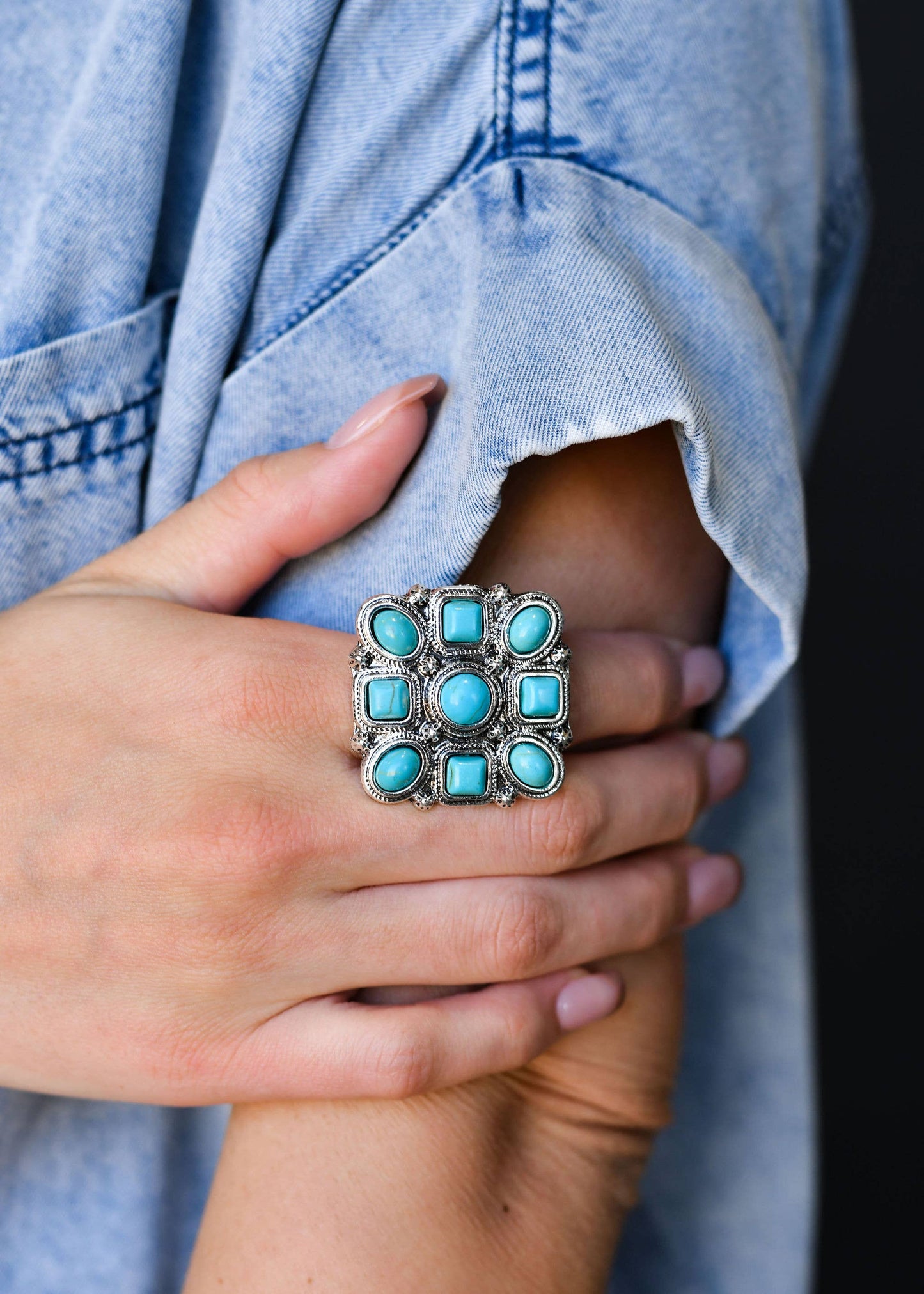 Adjustable Turquoise and Silver Square Multi Stone Ring west co