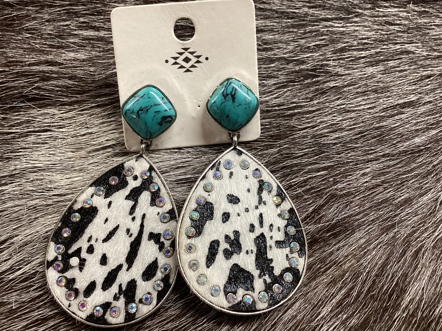 Teardrop Cow print /turquoise earrings