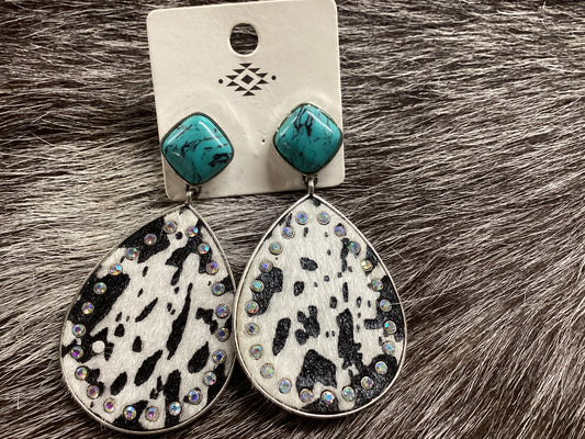 Teardrop Cow print /turquoise earrings