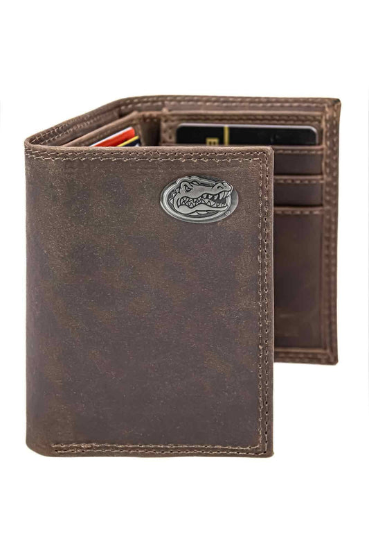Florida Gators Men's Collegiate Zep Trifold Leather Wallet.: Crazyhorse Brown