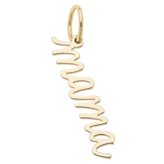 "Mama" Cursive Script Charm in Shiny Gold Canvas