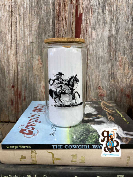 Cowboy / Cowgirl/ Chasin Dreams Glass Cup 16 oz Ropes