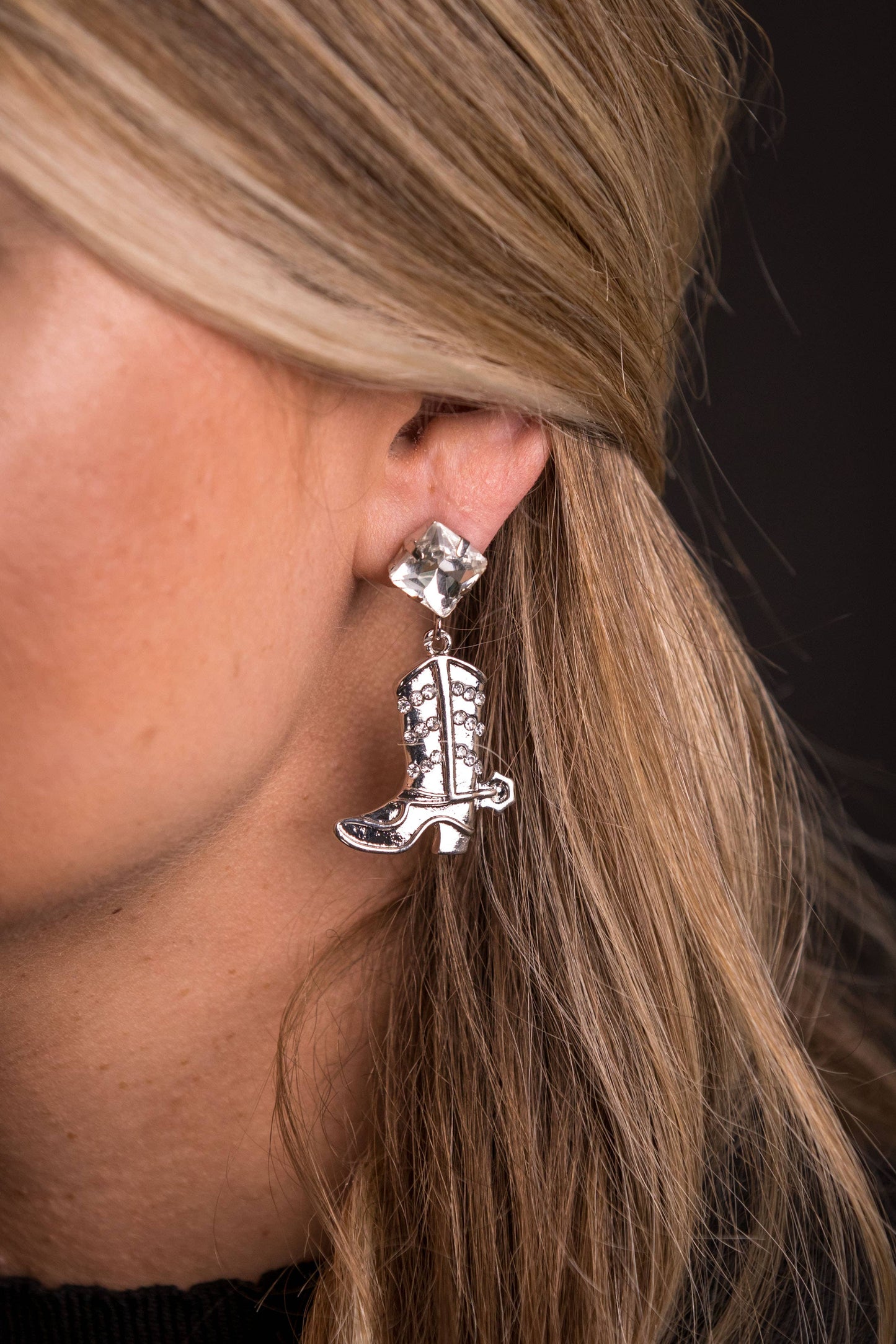 Silver Rhinestone Cowboy Boot Earring on Rhinestone Post West Co