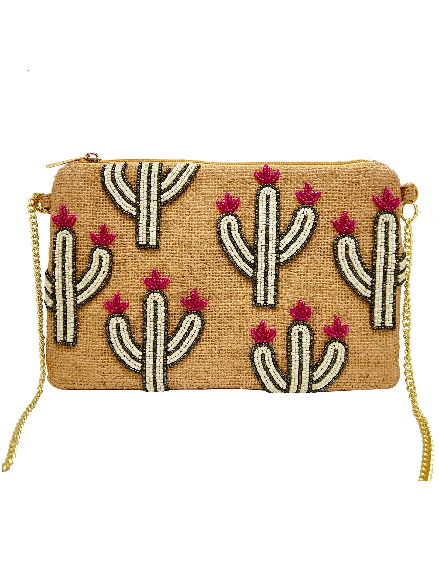 JUTE CACTUS W/ PINK FLOWERS BEADED BAG