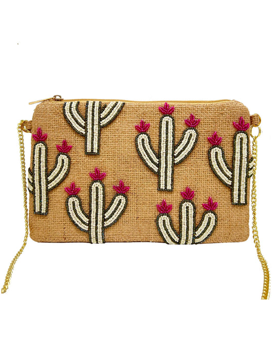JUTE CACTUS W/ PINK FLOWERS BEADED BAG