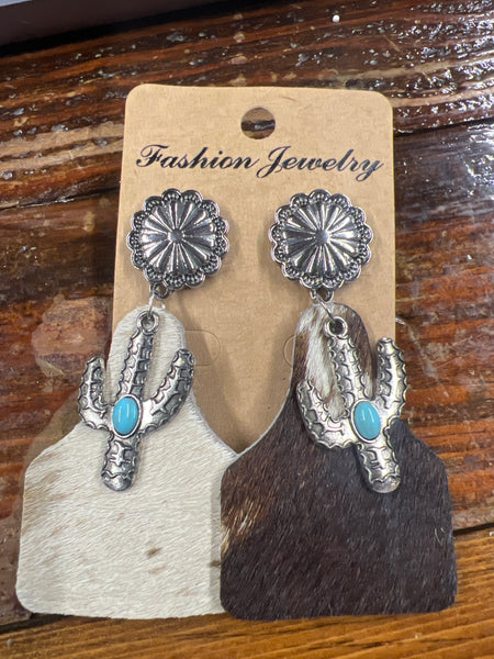 Cow Tag Earrings W/ Cactus Charms: BROWN COW Crazy Heifer