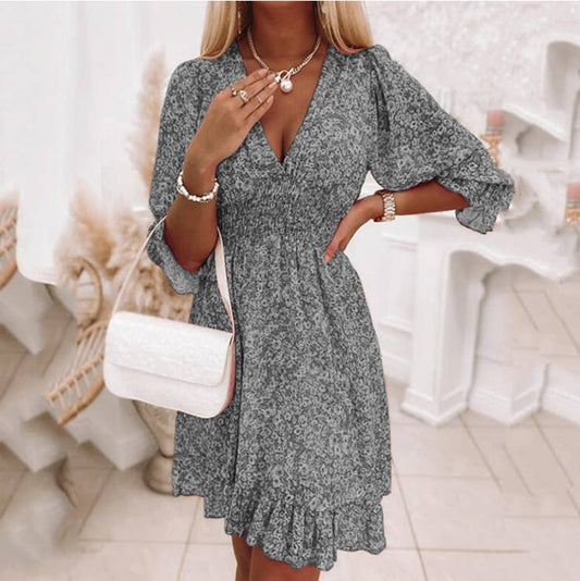 Boho print short sleeve floral mid-length dress: GRAY Lily