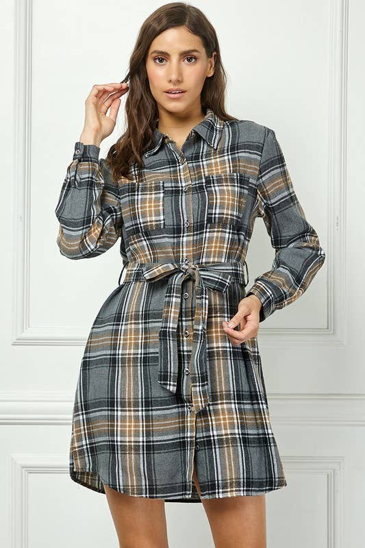 Button Front Plaid Flannel Dress: BLACK Vanilla Monkey