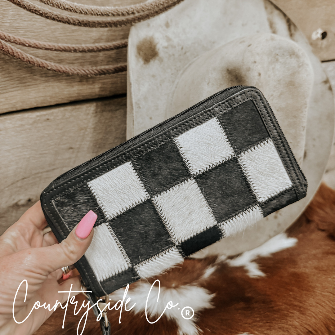 Checkered Cowhide Womens Wallet Wristlet Trendy: Black Or Brown Texas Western Cowhide