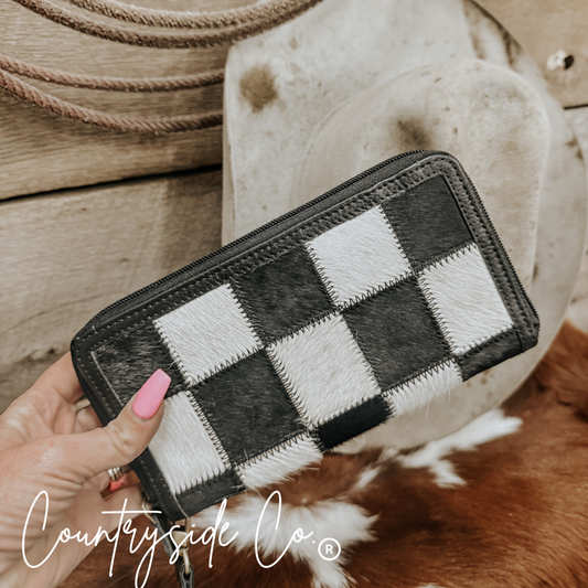 Checkered Cowhide Womens Wallet Wristlet Trendy: Black Or Brown Texas Western Cowhide