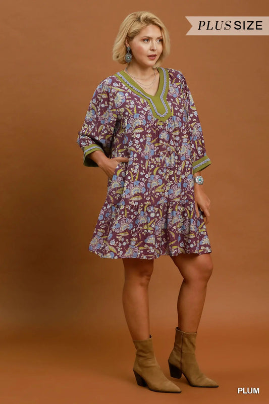 The Sheila Floral Contrast Trim Tiered Boho Dress Umgee