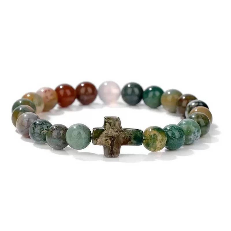 Boho Natural Stone Cross Charm Beaded Bracelet | 40B5248: Jade