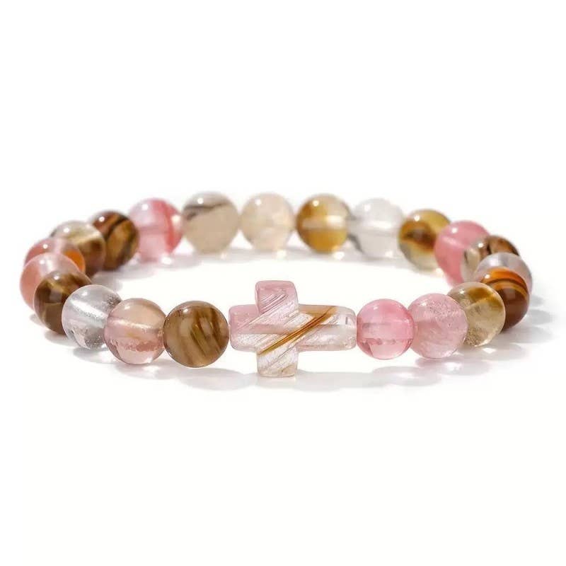Boho Natural Stone Cross Charm Beaded Bracelet | 40B5248: African Turq