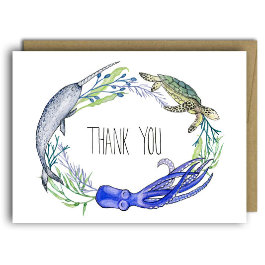 Thank You Card / Narwhal, Octopus and Turtle Thank You Card