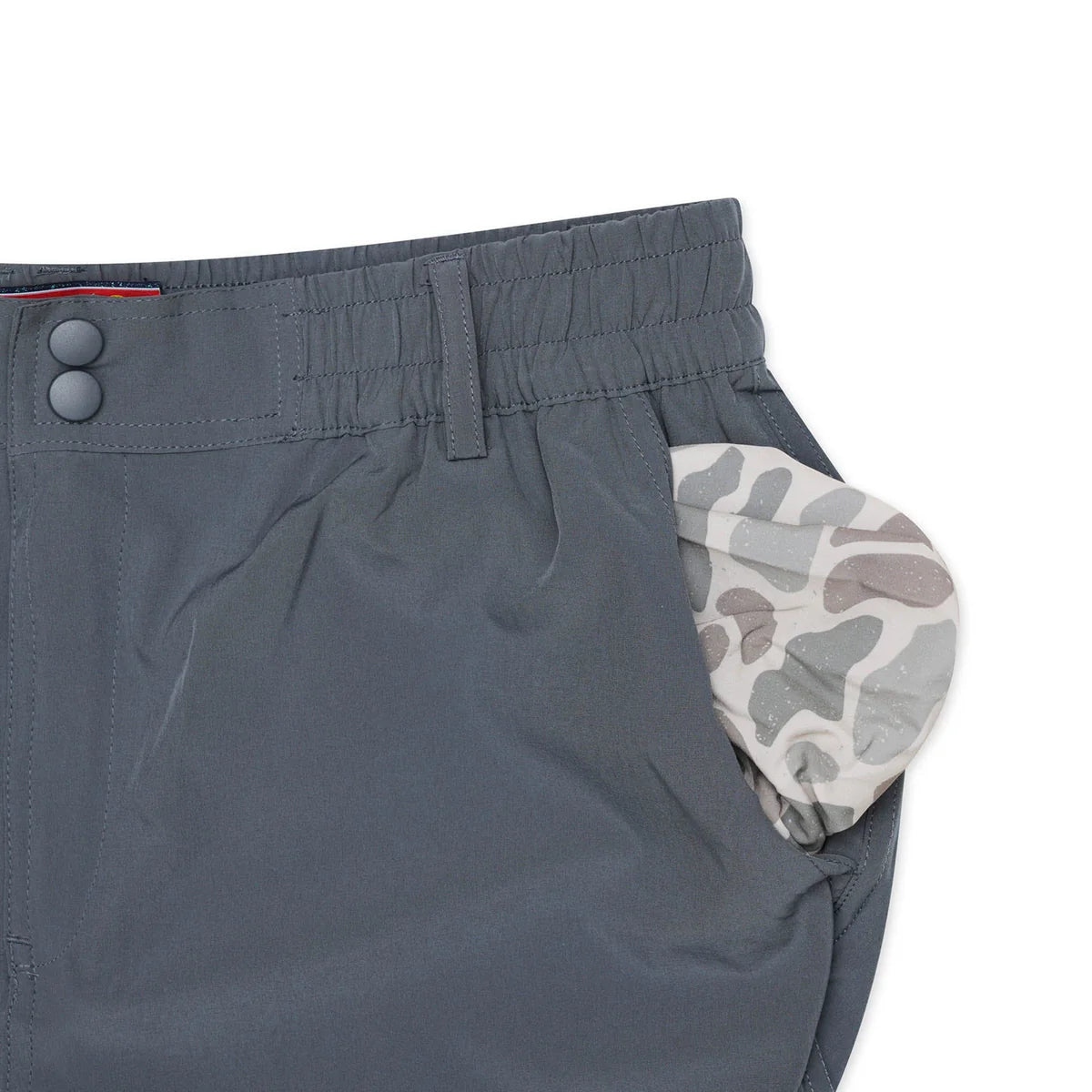 River Rock Grey Everyday Shorts With Classic Deer Camo Pocket Burlebo 7”