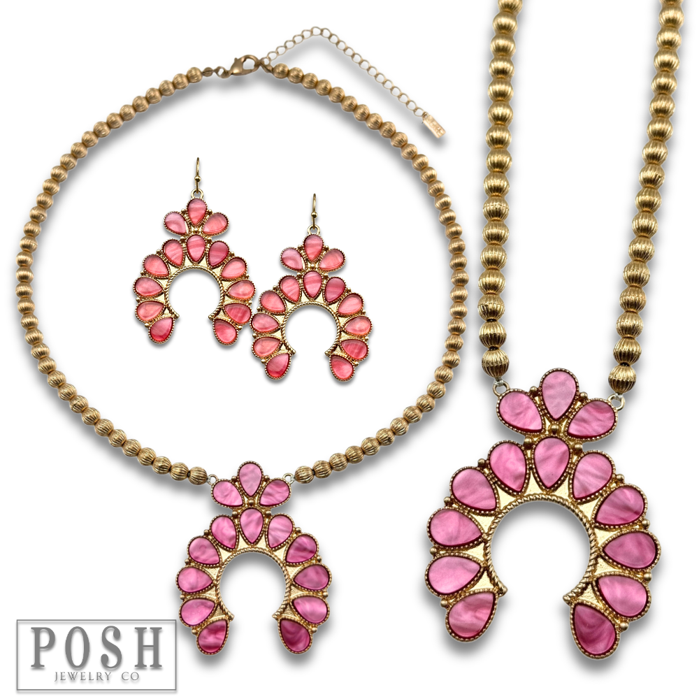 Mother of pearl look squash blossom necklace set: White