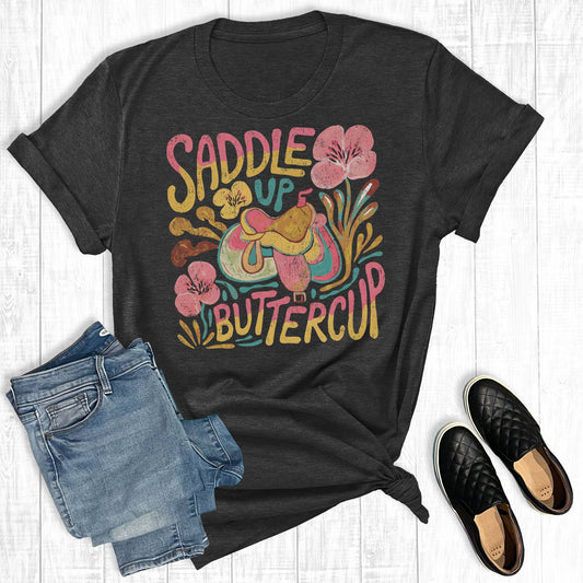 Western Saddle Up Buttercup Graphic Tee: Charcoal Short Sleeve