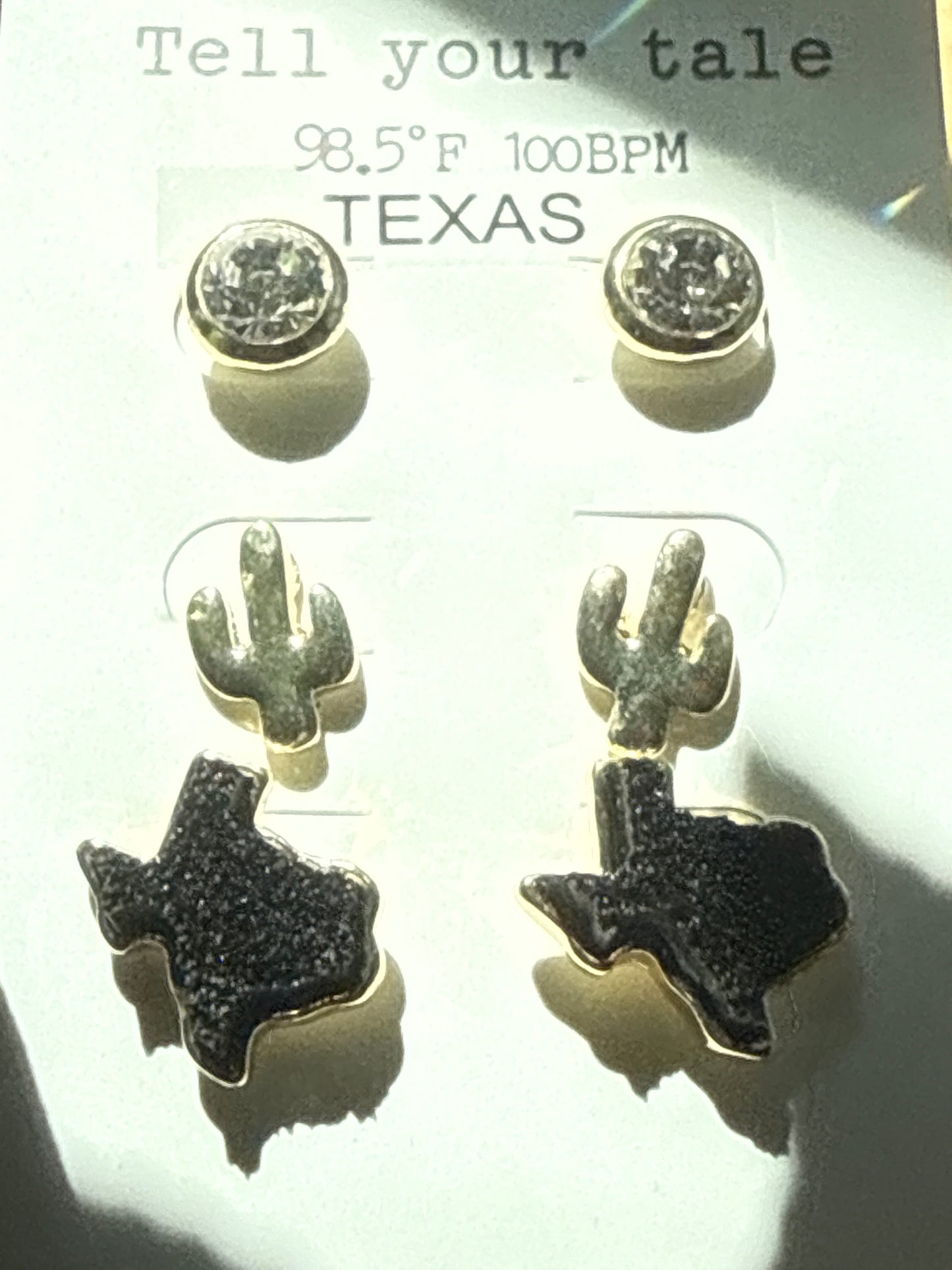 Texas Earring Trio Tell Your Tale  ( Cactus, Texas, And Crystal Stud)