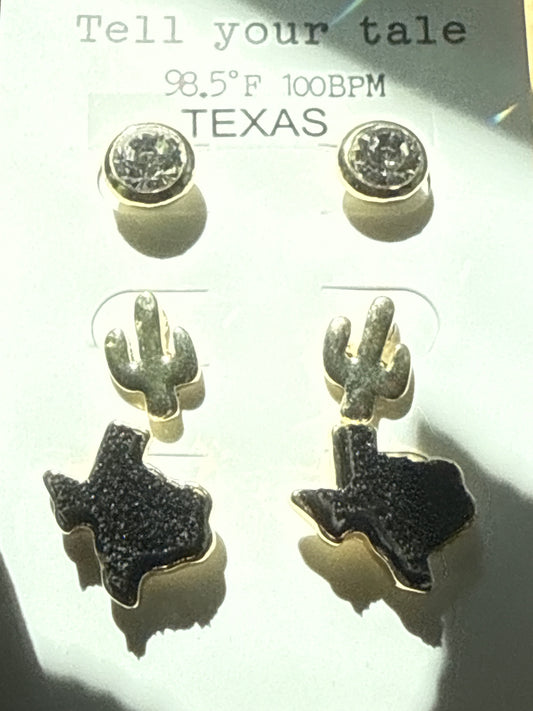 Texas Earring Trio Tell Your Tale  ( Cactus, Texas, And Crystal Stud)