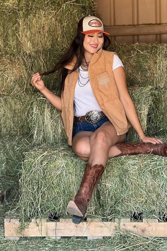 Camel Puffer W Aztec Lining Boot Stitch Detail Vest: