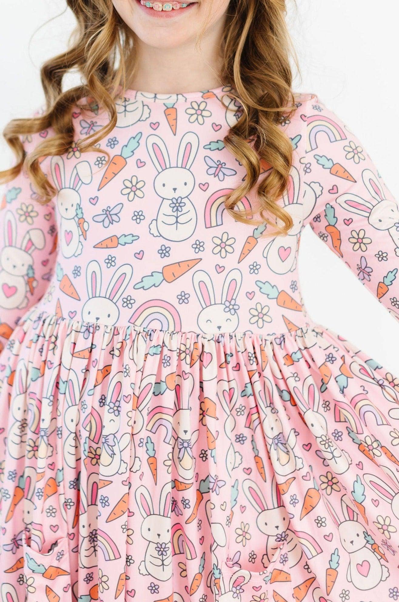 Springtime Bunnies 3/4 Sleeve Pocket Twirl Dress: Mila Tx/Fl