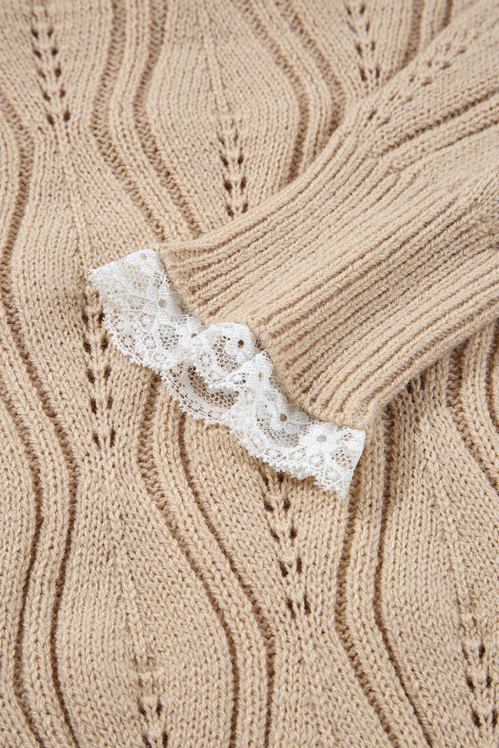 Pearl Beaded Pointelle V Neck Lace Sleeve Sweater (S-XL): Beige 66