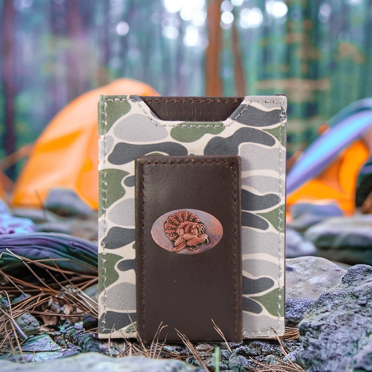 Turkey Men's  Zep Magnetic Front Pocket Old School Camo Leather Wallet.