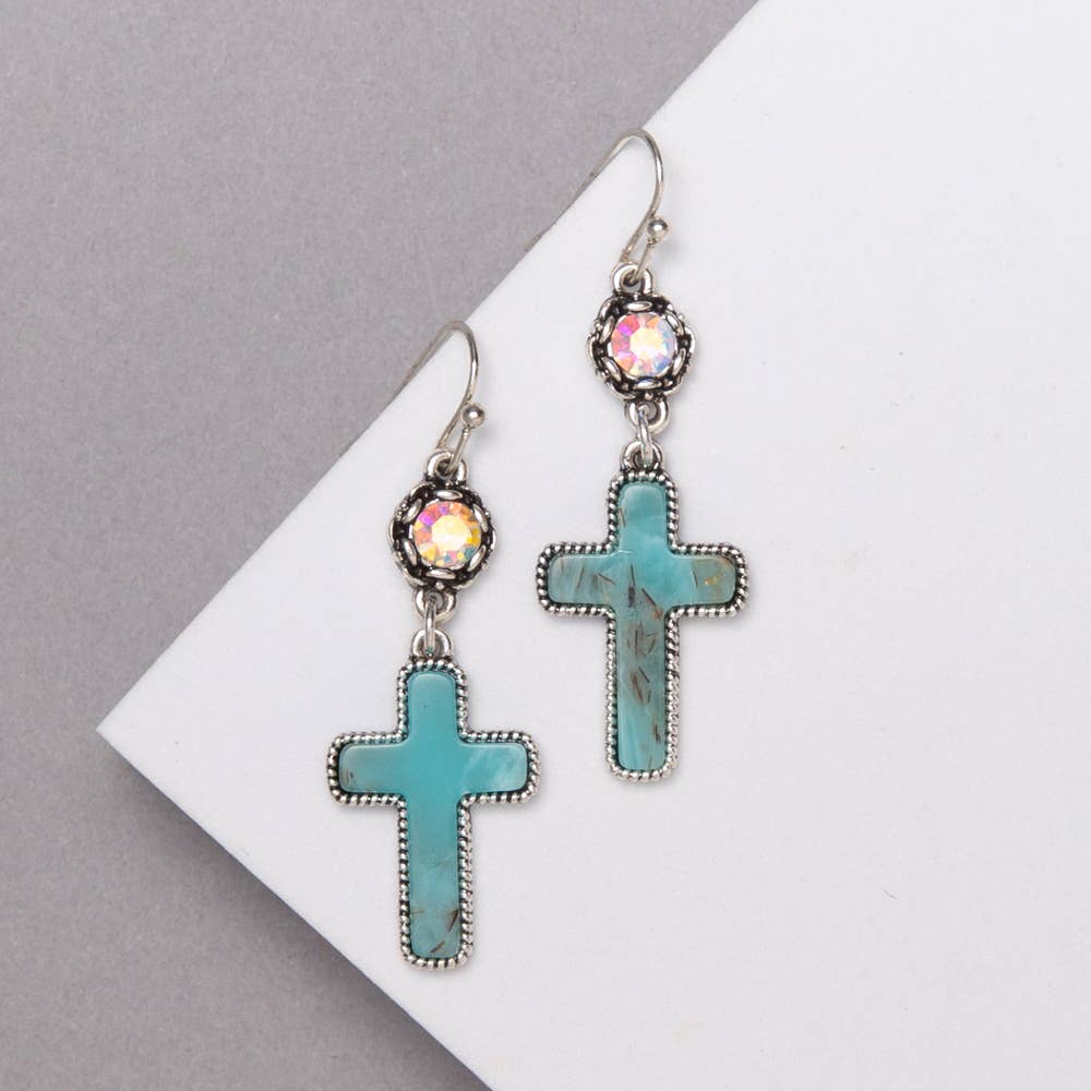 Western Stone Dangled Cross Earrings: Pink or Turquoise