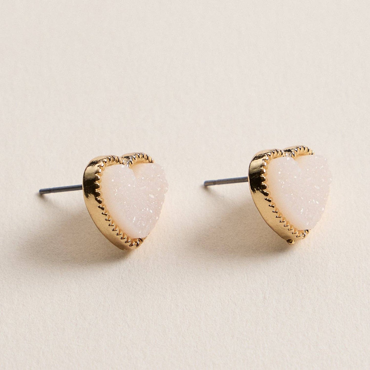 Elegant Gold-Trimmed Druzy Heart Stud Earrings: White/ Red / or Iridescent Shimmer Frem