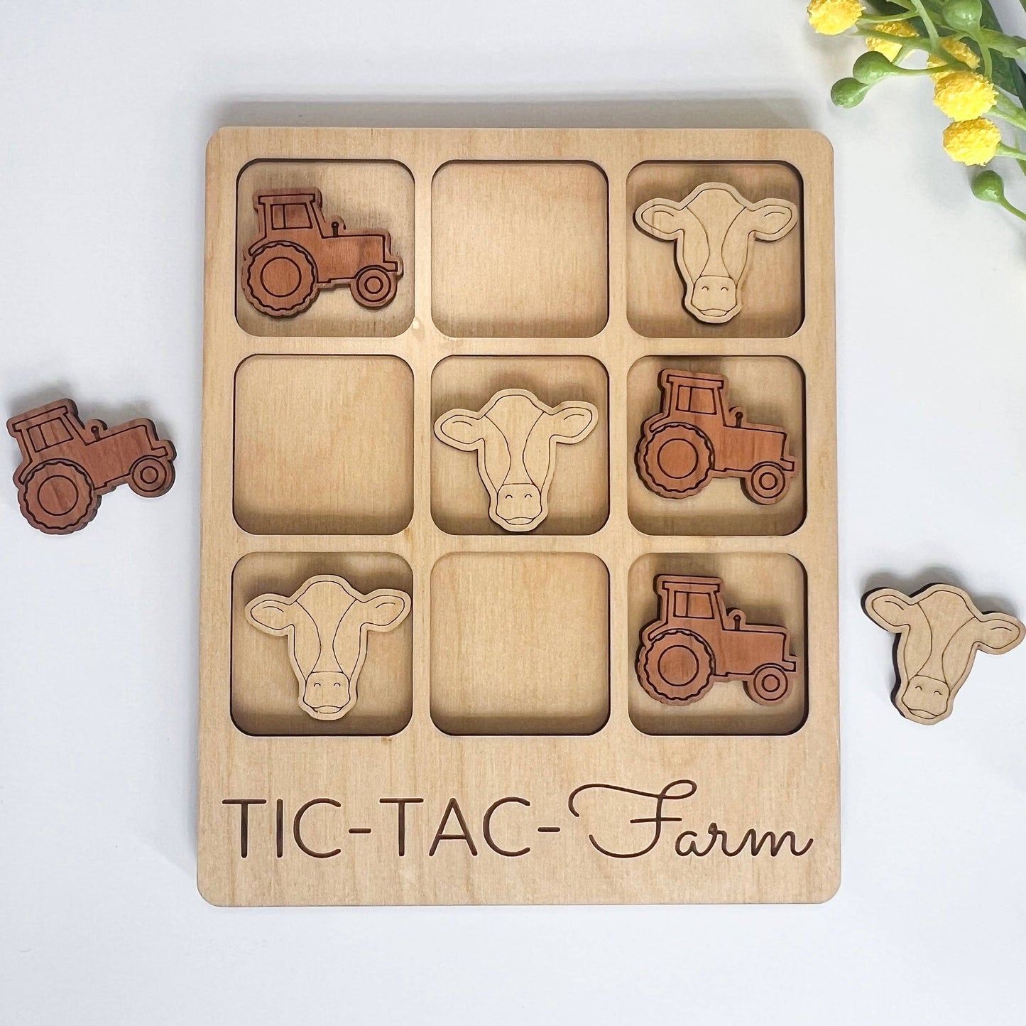 Farmer Gift - Tic-Tac-Toe Farm Game - Customizable: Cow + Tractor