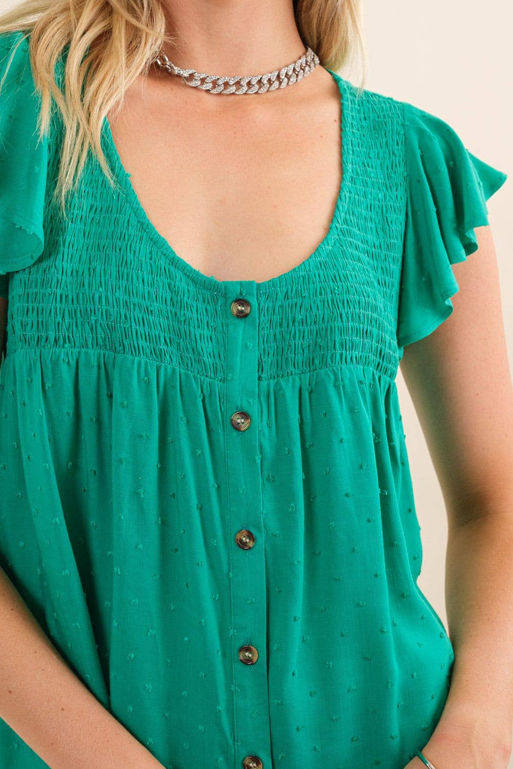 Smocked Yolk Ruffle Cap Sleeve Button Down Top: Kelly Green