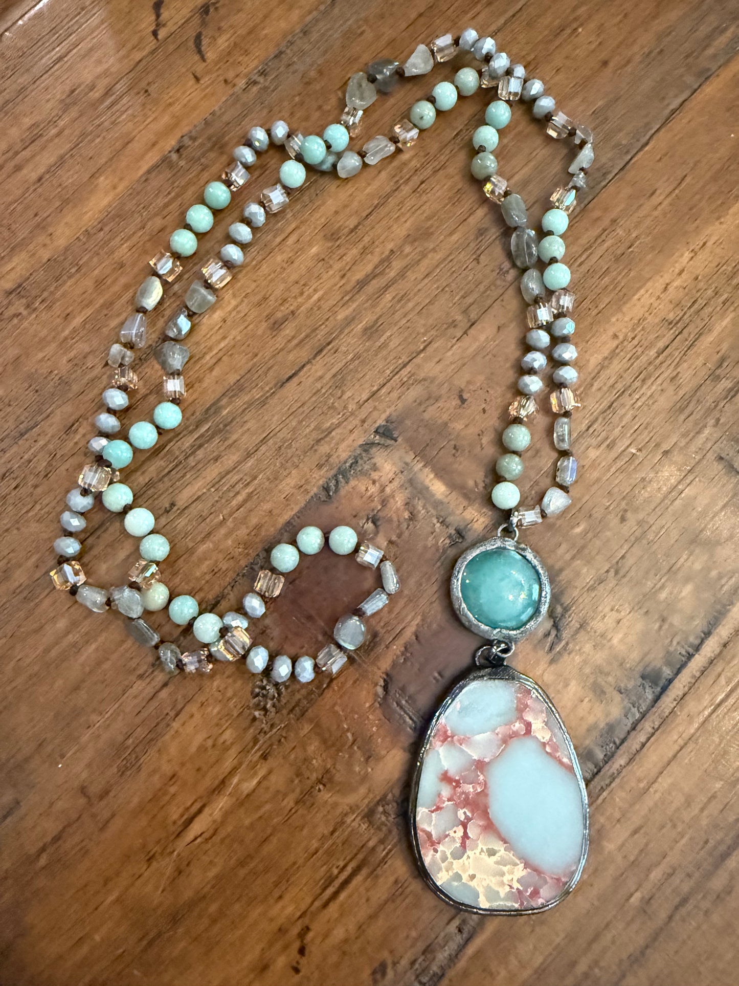 Natural Stone knotted Necklace. Cross or Oval