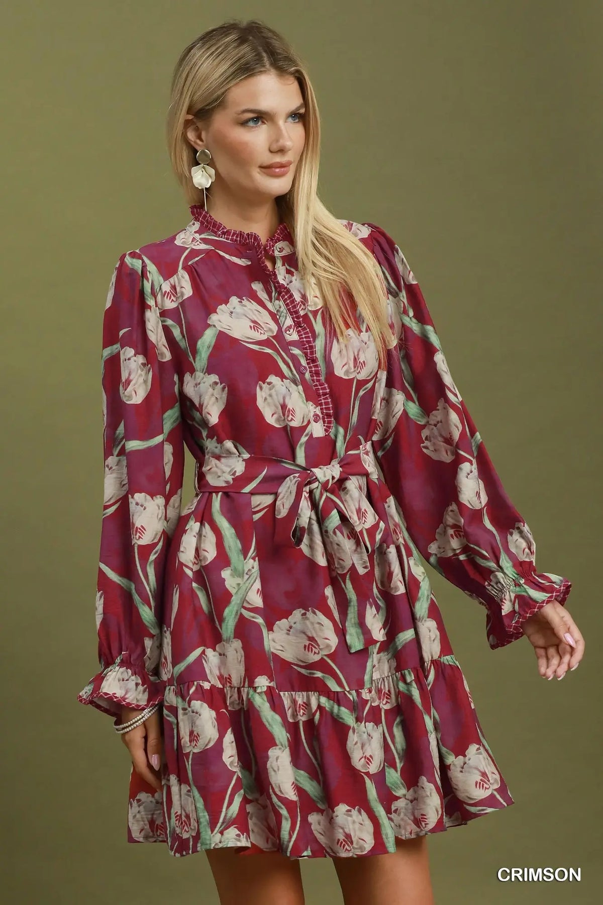 The Kaitley Crimson Tulip Floral Belted Mini Dress Umgee