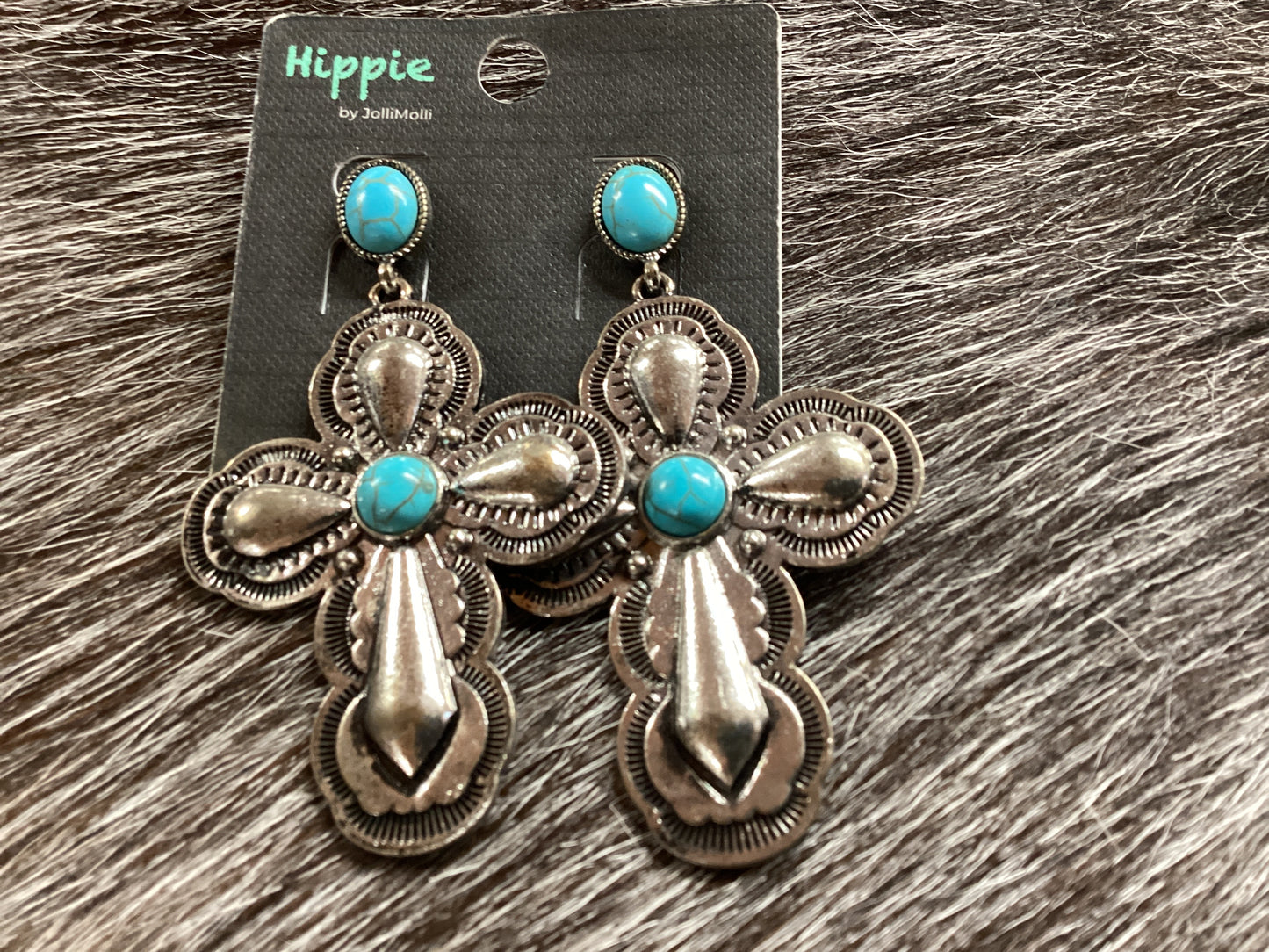 Silver cross with turquoise stone earrings